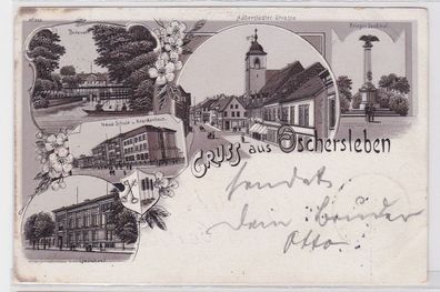 93216 Ak Lithographie Gruß aus Oschersleben Schule, Kriegerdenkmal usw. 1898