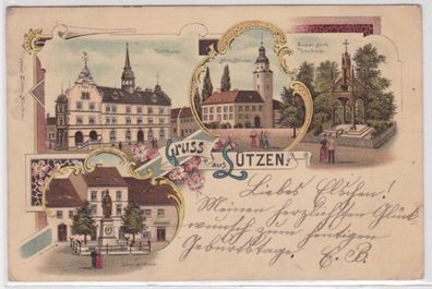 98269 Ak Lithographie Gruß aus Lützen Rathaus, Siegesdenkmal usw. 1897