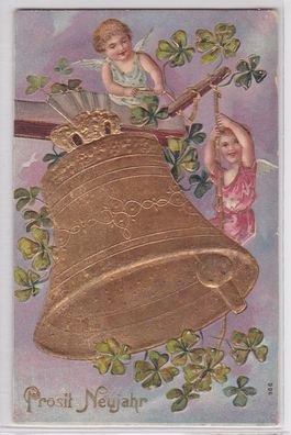 75593 Glückwunsch AK Prosit Neujahr, zwei Engel läuten goldene Glocke 1909