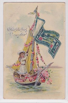 90830 Neujahrs Ak Kind im Segelboot mit Wimpel aus 100 Mark Schein 1925