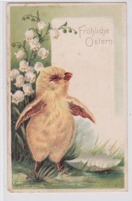 86462 Fröhliche Ostern Präge Ak Küken mit Maiglöckchen und Eierschale 1911