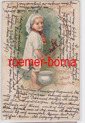 80756 Künstler Ak 'Hopp, hopp, Pferdchen lauf Galopp' Kind mit Steckenpferd 1901