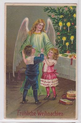 87861 Fröhliche Weihnachten Ak Engel mit 2 Kindern vor Tannenbaum 1911