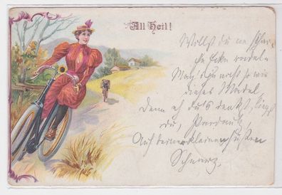 40722 Fahrrad Ak All Heil! Frau in rotem Kleid auf Fahrradtour 1898