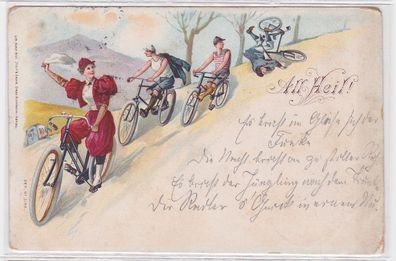 87058 Fahrrad Ak All Heil! Frau in rotem Kleid auf Fahrradtour 1898