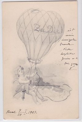 81716 Ak Engel mit Pfeil und Bogen fliegt mit Fesselballon 1903