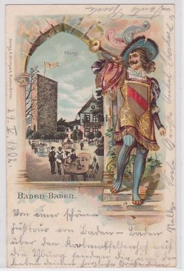 89514 Passepartout AK Baden-Baden - Yburg & Trompeter mit Stadtwappen 1902