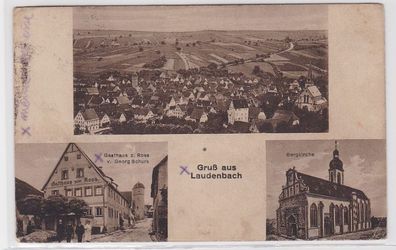 91407 AK Gruß aus Laudenbach - Bergkirche, Gasthaus zum Ross & Totale 1926