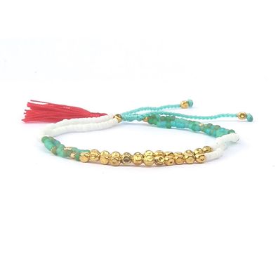 Goldene Perlen Armband türkis rote Fäden Miniblings Feder größenverstellbar