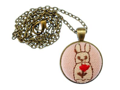 Hase Herz Kette 45cm Stoff Miniblings Halskette Sticken Stickerei Rosa Bronze