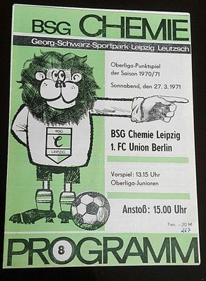Programm BSG Chemie Leipzig 1. FC Union Berlin 27.3.1971 DDR Oberliga Fußball