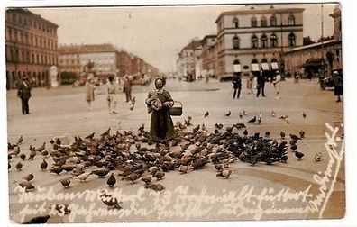 65333 Foto Ak München Frau füttert Tauben um 1925