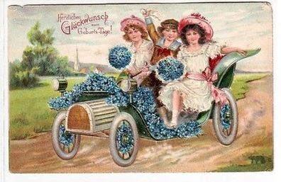 65009 Glückwunsch Präge Ak 3 Kindern fahren Blumengeschmücktes Auto 1907