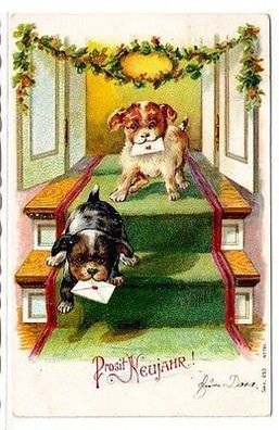 65008 Neujahrs Ak 2 Hunde mit Briefen im Maul 1904
