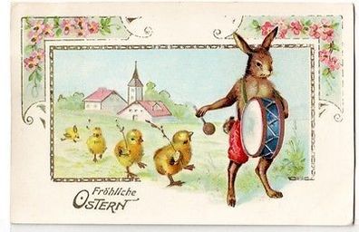 40899 Fröhliche Oster Ak Hase mit Trommel und Küken 1927