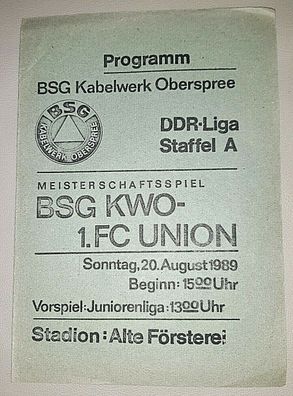 Rar Programm 20.8.89 KWO Berlin 1. FC Union Berlin DDR Liga Eisern FCU Ostalgie