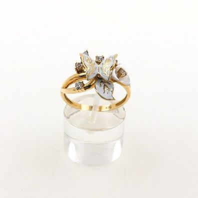 Schmetterling Ring aus 14 kt Gold mit Zirkonia und Emaille Gr 60 EU