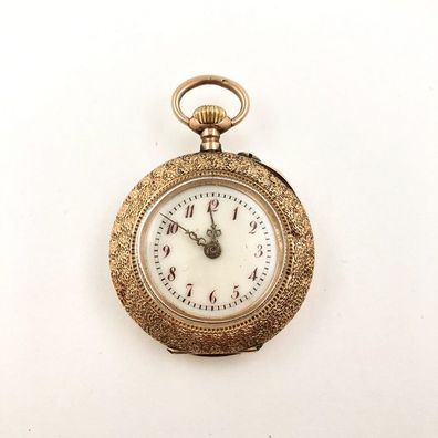 Vintage Damen Taschenuhr aus 14 kt Gold - Handgraviert und Emailliert - Sammlerstü...