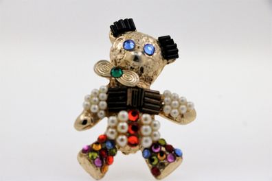 Teddybär-Brosche aus vergoldetem Metall mit bunten Steinen und Perlchen