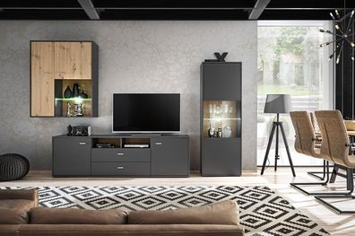 Wohnwand NADINE Wohnzimmer Modern TV Schrank Vitrine Hochglanz LED