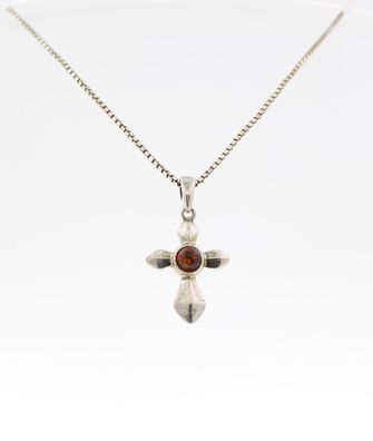 Halskette mit Anhänger Kreuz mit Bernstein 925 Silber 41 cm
