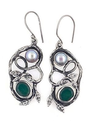 Ohrringe aus 925er Silber mit Spinel-Smaragd und Perlen