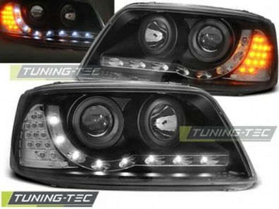 VW T5 Scheinwerfer LED Tagfahrlit Optik + LED Blinker, schwarz H1 Halogen + Motor LWR