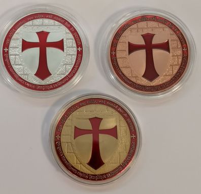 Tempelritter Medaillen Set 3 x 1 oz Kupfer Versilbert Vergoldet Soldaten Christi