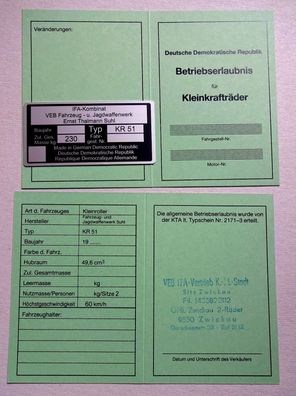 ABE Betriebserlaubnis Simson Schwalbe KR51 + Typenschild Original gestempelt
