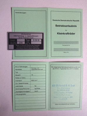ABE Betriebserlaubnis Simson S 50 B + Typenschild Original gestempelt DDR VEB IFA