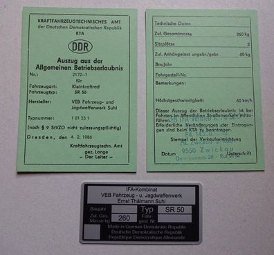ABE Betriebserlaubnis Simson SR 50 + Typenschild Original DDR IFA gestempelt