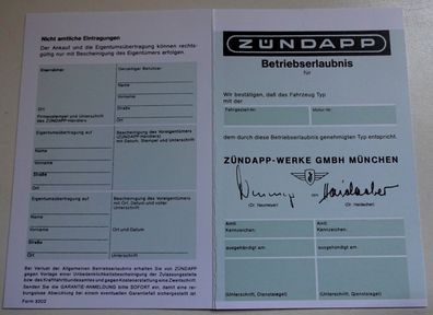 ABE Betriebserlaubnis Zündapp 50ccm Papiere moped Mofa Datenblatt Blanko typ fähig