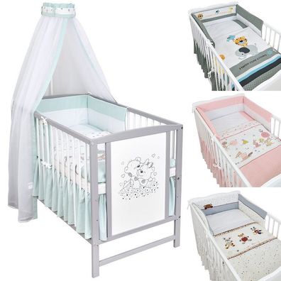 Babybett Kinderbett 120x60 Grau Weiß mit Bärchen Motiv Bettset Bettwäsche
