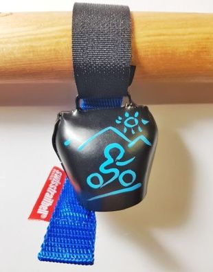 swisstrailbell® Black mit blauem Mountainbiker, blaues Band