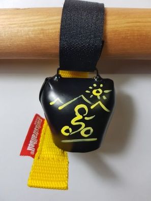 swisstrailbell® Black mit gelbem Mountainbiker, gelbes Band