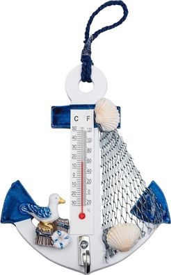 Holz Anker Fischer Thermometer Möwe blau weiß Dekoration mit Anhänger Geschenkidee