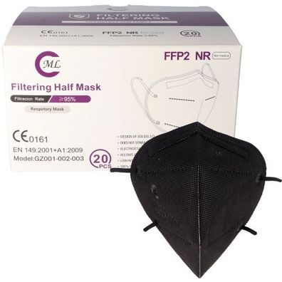 20 Stück FFP2 Maske Schwarz 5-Lagig, zertifiziert nach DIN EN149:2001 + A1:2009, p