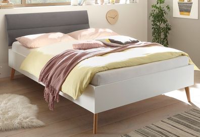 Einzelbett weiß und grau Bett mit Kopfteil gepolstert Hygge 140 x 200 cm Helge