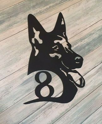 Schäferhund mit Ihrer Hausnummer Deko 30cm-70cm ab 38€ aus 3mm Stahl