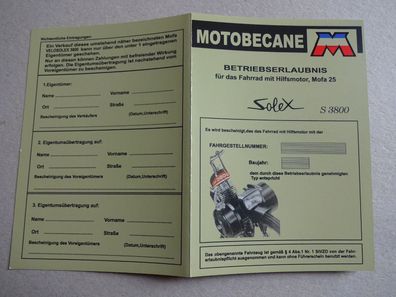S 3800 ABE Betriebserlaubnis Motobecane Mofa 25 Fahrrad Hilfsmotor SOLEX datenblatt