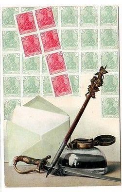 65343 Ak Schreibzeug und Briefmarken Tintenfaß 1907
