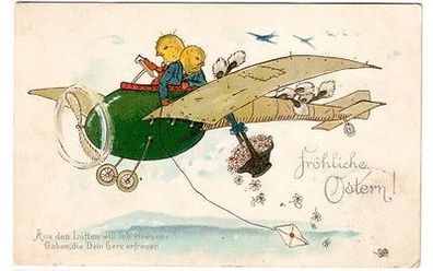 65231 geprägte Ak Fröhliche Ostern! Küken streuen aus einem Flugzeug Blumen 1914