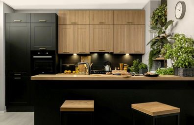 Küche Schränke Küchenzeile erweiterbar 290 cm schwarz Eiche Reveal MDF Fronten