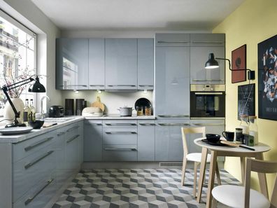 Küche, Schränke, Küchenzeile erweiterbar Grau glanz Fronten Neu&Schnell