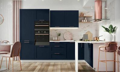 Küche Schränke Küchenzeile erweiterbar Blau matt MDF Häfel Schubladen Neu