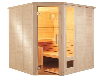 Massivholzsauna Sauna Eckeinstieg 234 x 206 x 204 mit Glas Bio Combi Saunaofen