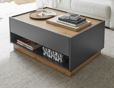 Couchtisch Wohnzimmer Tisch Eiche grau Schublade Stauraum Beistell 90 cm Center