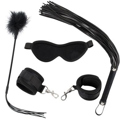 Bad Kitty 4-teiliges Set Fesselset Bondage Handfesseln Peitsche Augenmaske Feder