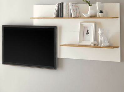 Wandpaneel Wandregal weiß und Eiche Wotan TV Rückwand Möbel 155 x 80 cm Center