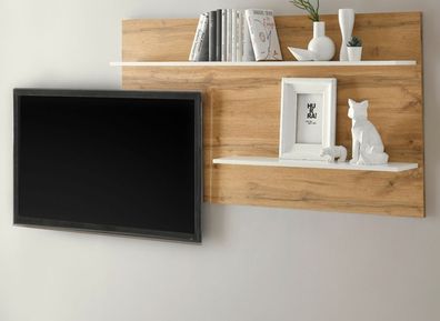 Wandpaneel Wandregal Eiche Wotan und weiß TV Rückwand Möbel 155 x 80 cm Center